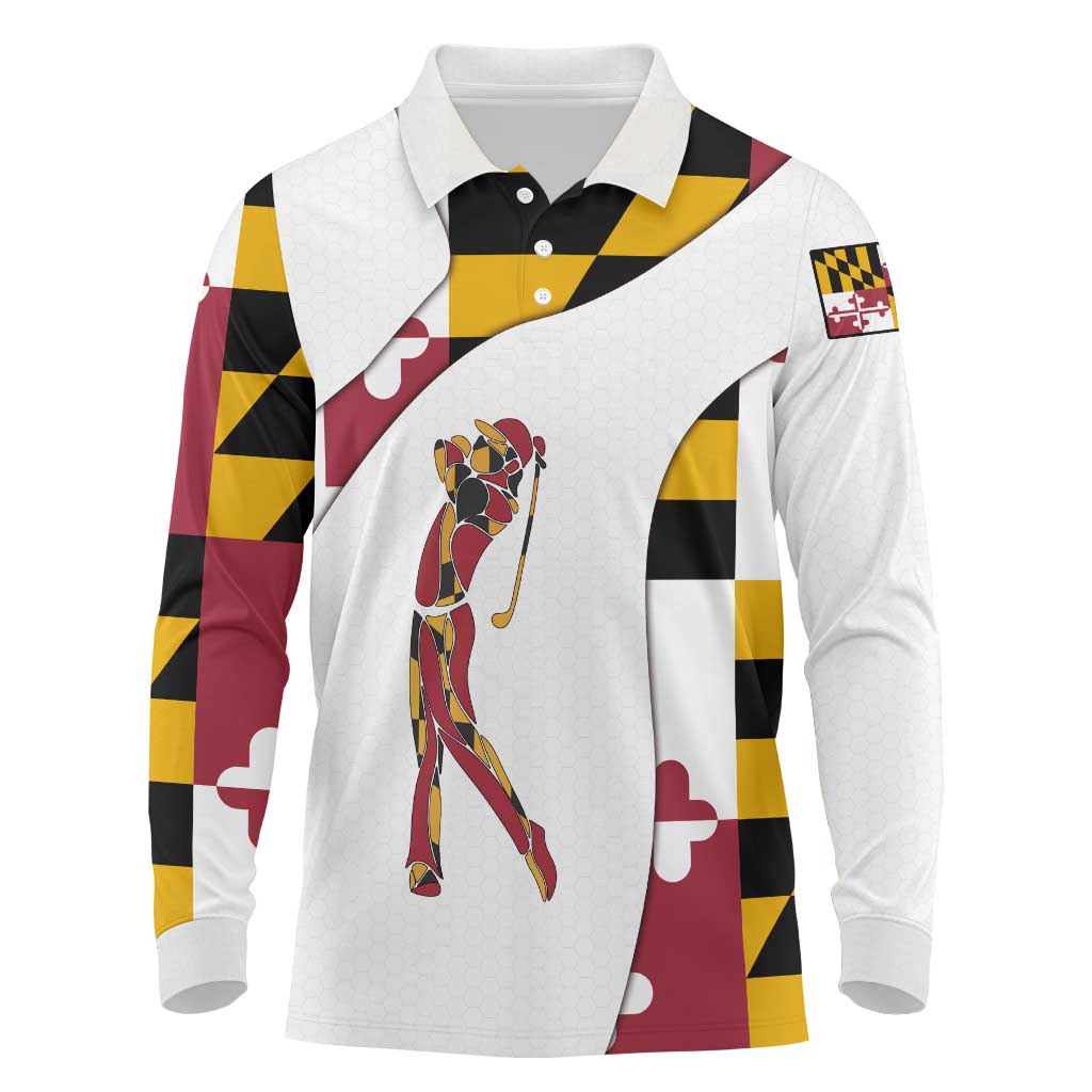 Golf Player Silhouette Long Sleeve Polo Shirt Maryland Flag Pattern and Custom Name Panel Design - Wonder Print Shop