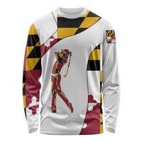 Golf Player Silhouette Long Sleeve Shirt Maryland Flag Pattern and Custom Name Panel Design - Wonder Print Shop