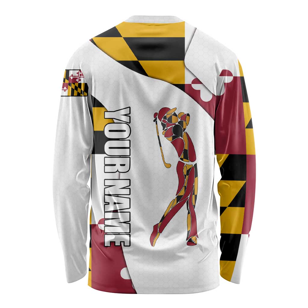 Golf Player Silhouette Long Sleeve Shirt Maryland Flag Pattern and Custom Name Panel Design - Wonder Print Shop