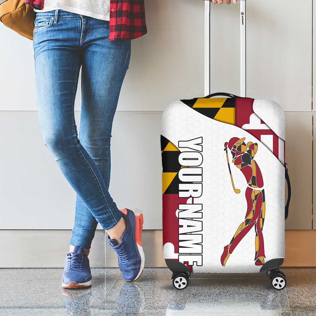 Golf Player Silhouette Luggage Cover Maryland Flag Pattern and Custom Name Panel Design - Wonder Print Shop