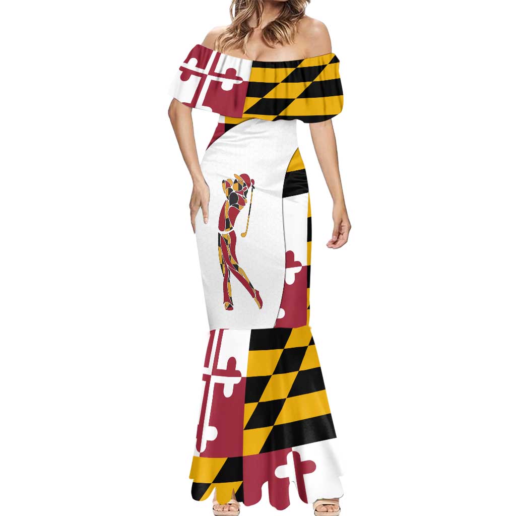 Golf Player Silhouette Mermaid Dress Maryland Flag Pattern and Custom Name Panel Design - Wonder Print Shop