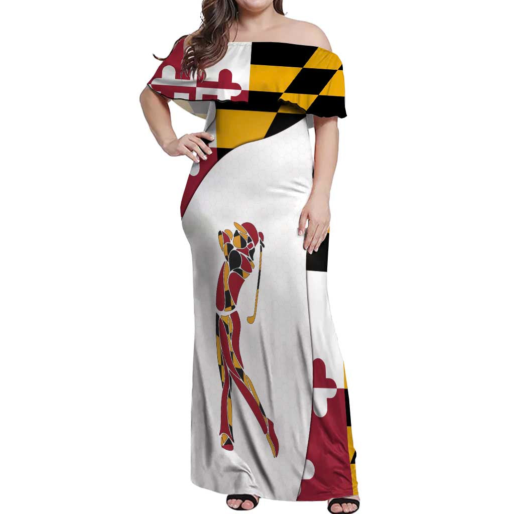Golf Player Silhouette Off Shoulder Maxi Dress Maryland Flag Pattern and Custom Name Panel Design - Wonder Print Shop