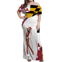 Golf Player Silhouette Off Shoulder Maxi Dress Maryland Flag Pattern and Custom Name Panel Design - Wonder Print Shop