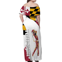 Golf Player Silhouette Off Shoulder Maxi Dress Maryland Flag Pattern and Custom Name Panel Design - Wonder Print Shop