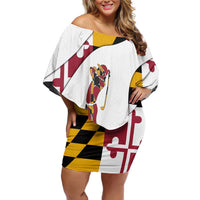 Golf Player Silhouette Off Shoulder Short Dress Maryland Flag Pattern and Custom Name Panel Design - Wonder Print Shop