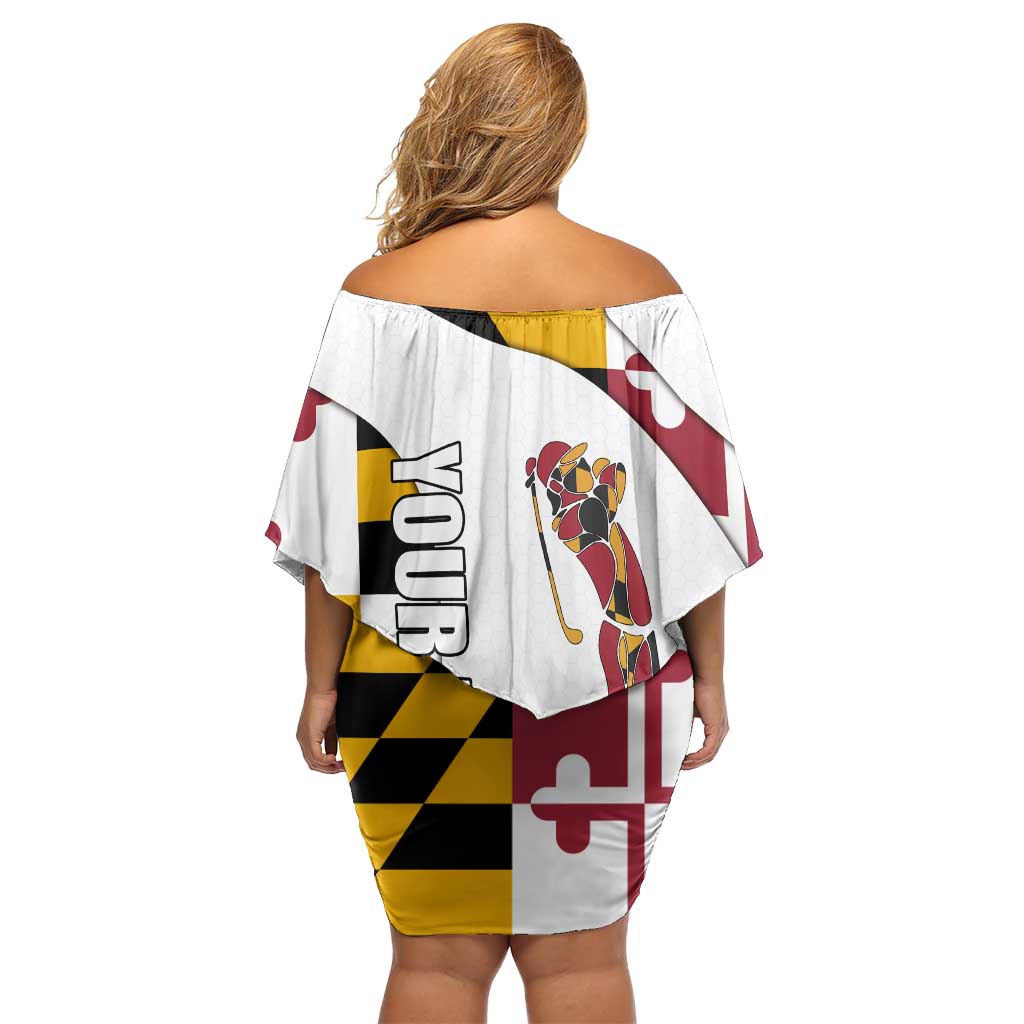 Golf Player Silhouette Off Shoulder Short Dress Maryland Flag Pattern and Custom Name Panel Design - Wonder Print Shop