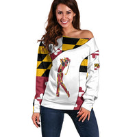 Golf Player Silhouette Off Shoulder Sweater Maryland Flag Pattern and Custom Name Panel Design - Wonder Print Shop