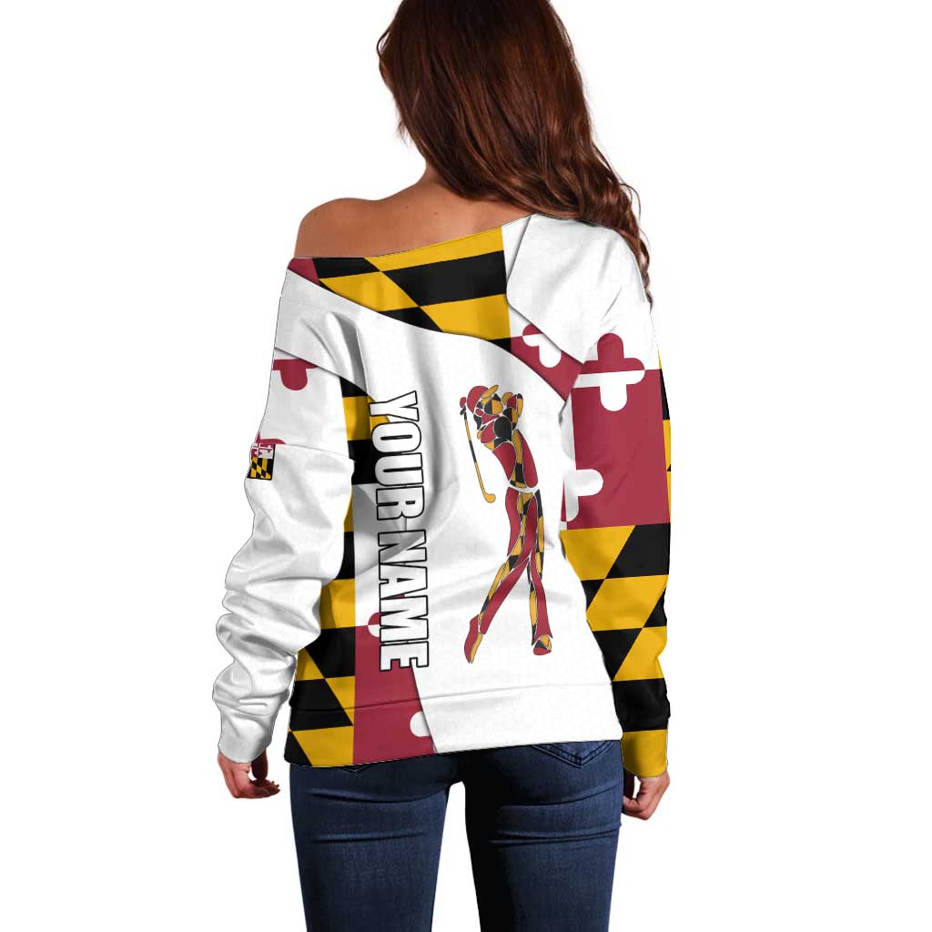 Golf Player Silhouette Off Shoulder Sweater Maryland Flag Pattern and Custom Name Panel Design - Wonder Print Shop