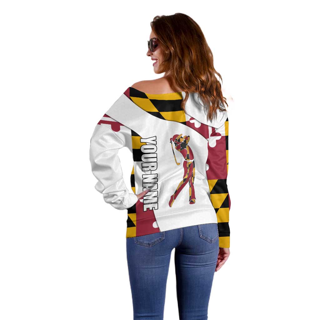 Golf Player Silhouette Off Shoulder Sweater Maryland Flag Pattern and Custom Name Panel Design - Wonder Print Shop