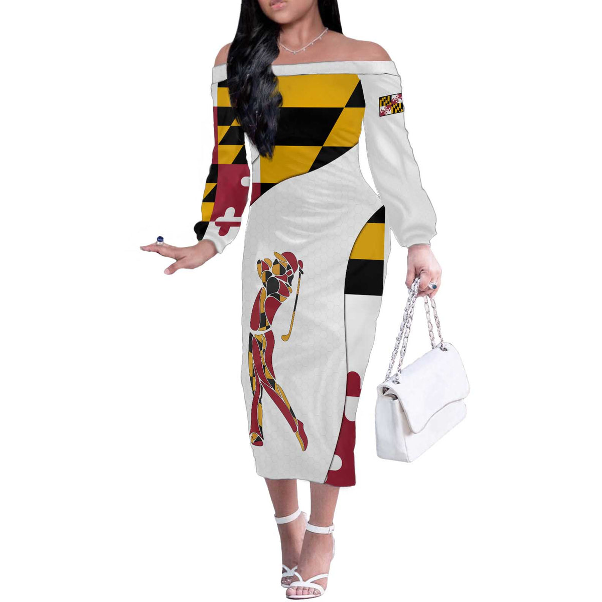 Golf Player Silhouette Off The Shoulder Long Sleeve Dress Maryland Flag Pattern and Custom Name Panel Design - Wonder Print Shop