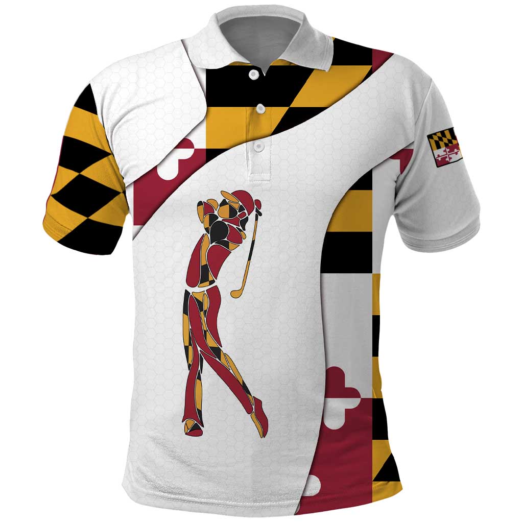 Golf Player Silhouette Polo Shirt Maryland Flag Pattern and Custom Name Panel Design - Wonder Print Shop