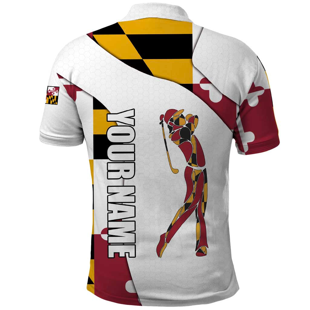 Golf Player Silhouette Polo Shirt Maryland Flag Pattern and Custom Name Panel Design - Wonder Print Shop