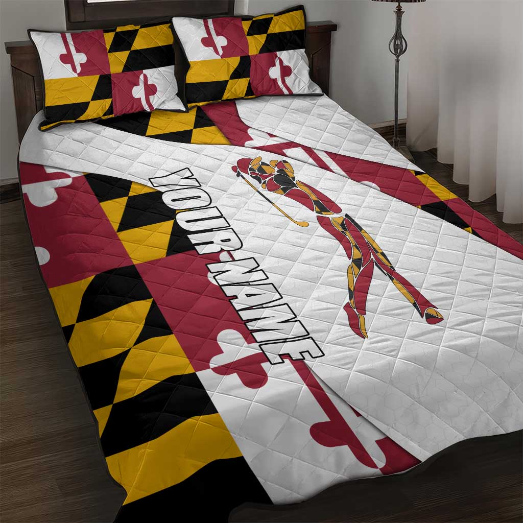 Golf Player Silhouette Quilt Bed Set Maryland Flag Pattern and Custom Name Panel Design - Wonder Print Shop