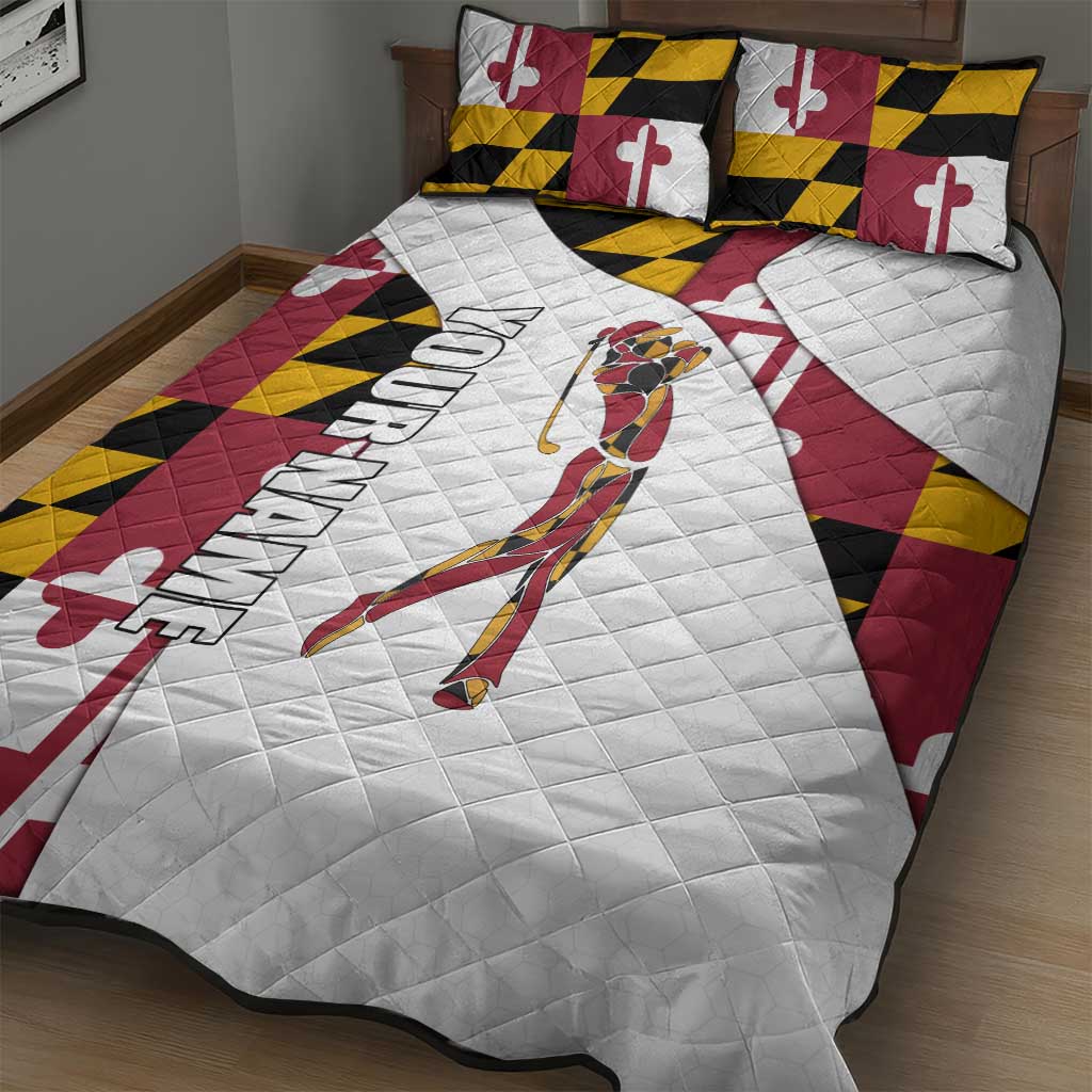Golf Player Silhouette Quilt Bed Set Maryland Flag Pattern and Custom Name Panel Design - Wonder Print Shop