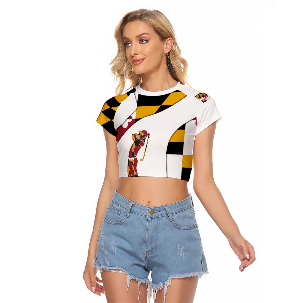 Golf Player Silhouette Raglan Cropped T Shirt Maryland Flag Pattern and Custom Name Panel Design - Wonder Print Shop