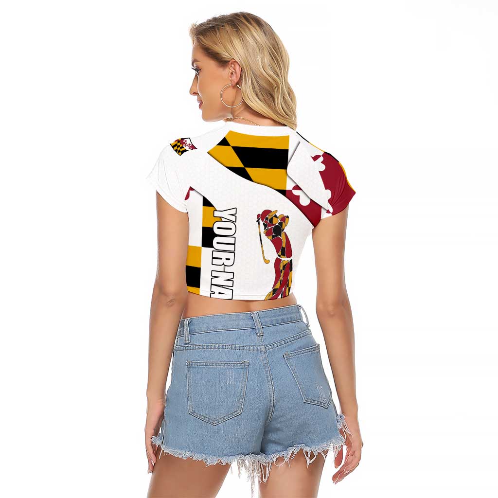 Golf Player Silhouette Raglan Cropped T Shirt Maryland Flag Pattern and Custom Name Panel Design - Wonder Print Shop