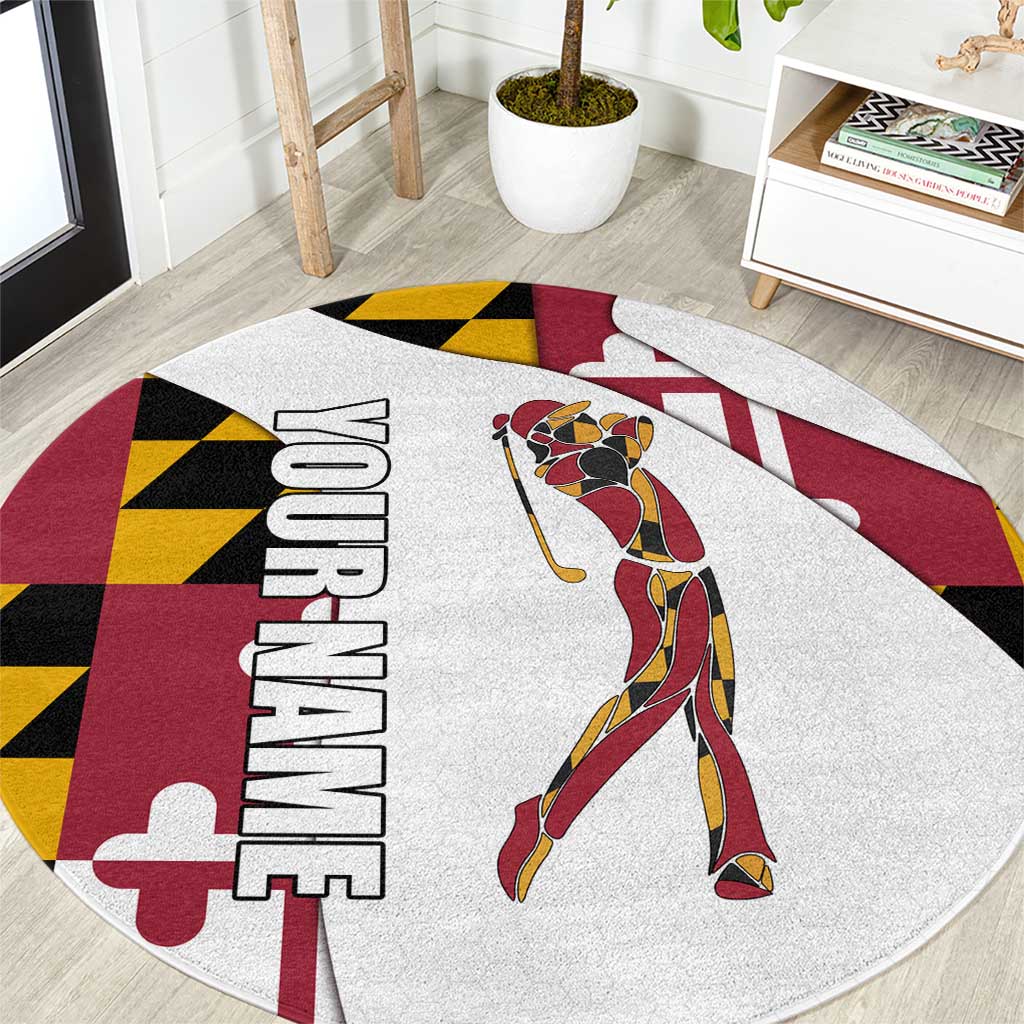 Golf Player Silhouette Round Carpet Maryland Flag Pattern and Custom Name Panel Design - Wonder Print Shop