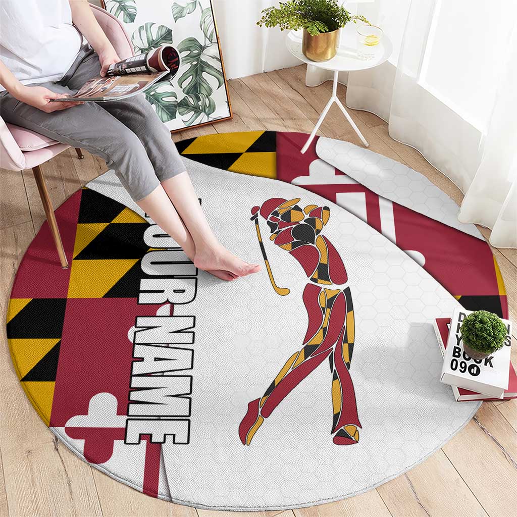 Golf Player Silhouette Round Carpet Maryland Flag Pattern and Custom Name Panel Design - Wonder Print Shop