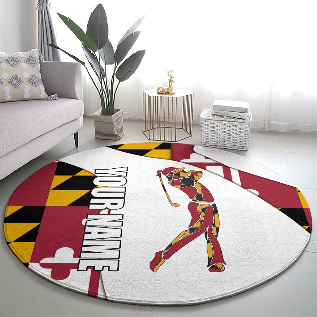 Golf Player Silhouette Round Carpet Maryland Flag Pattern and Custom Name Panel Design - Wonder Print Shop