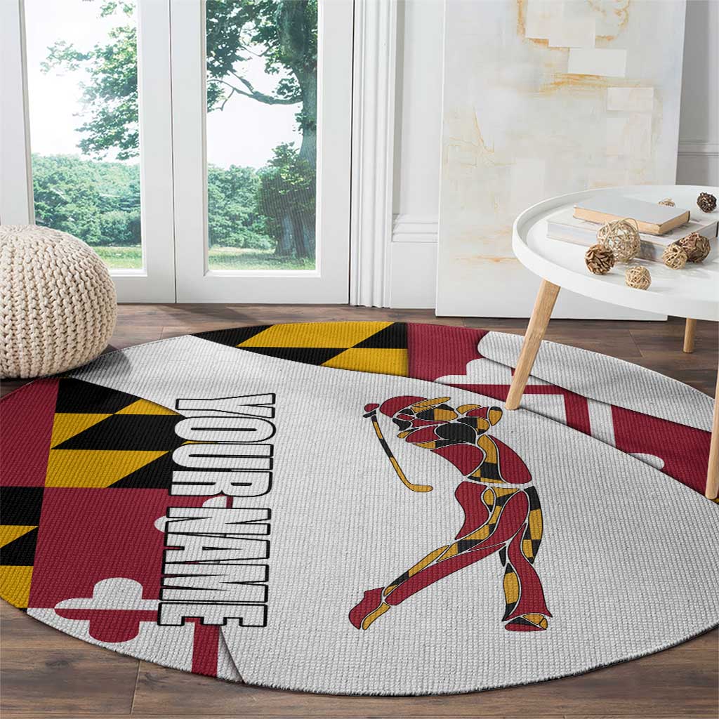 Golf Player Silhouette Round Carpet Maryland Flag Pattern and Custom Name Panel Design - Wonder Print Shop