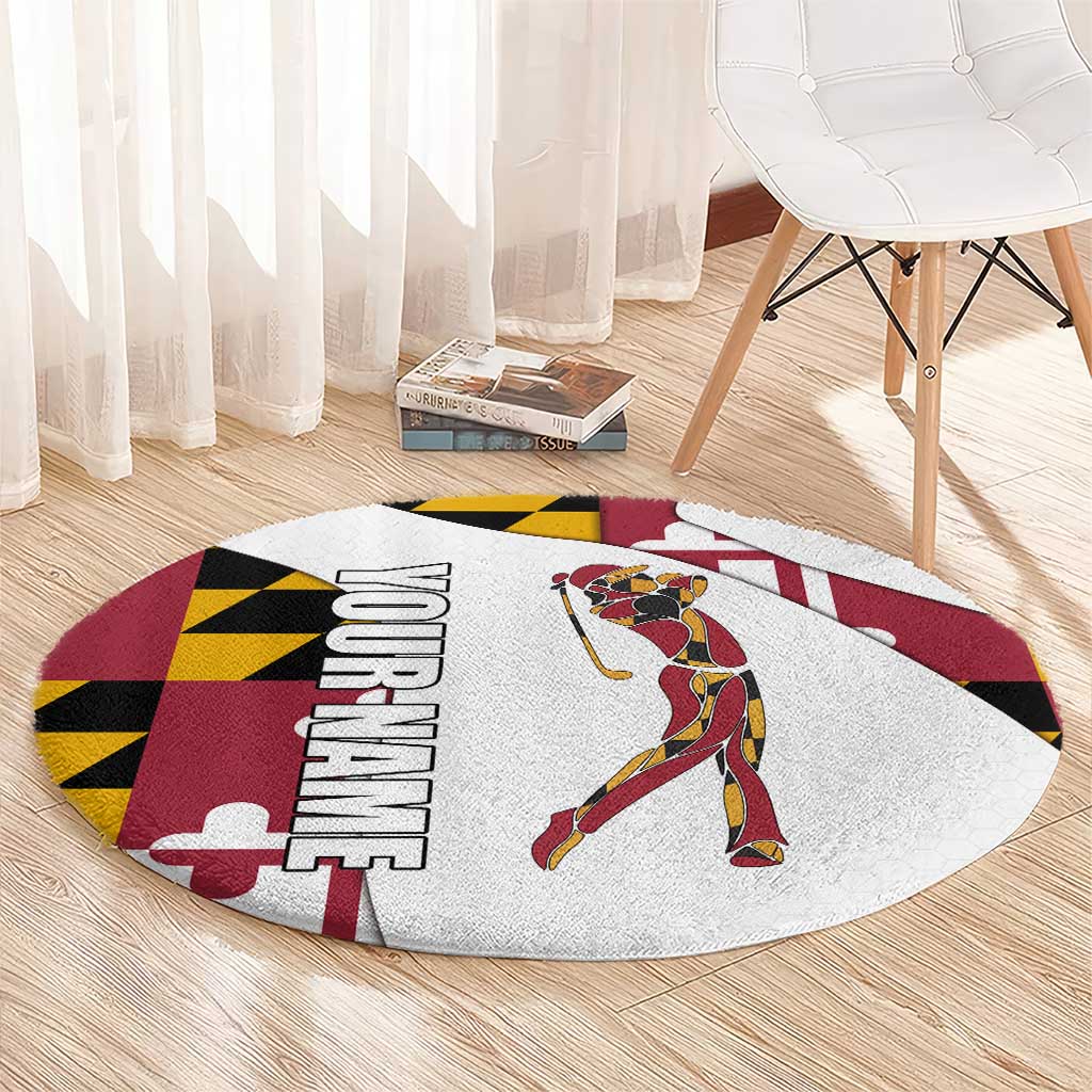 Golf Player Silhouette Round Carpet Maryland Flag Pattern and Custom Name Panel Design - Wonder Print Shop