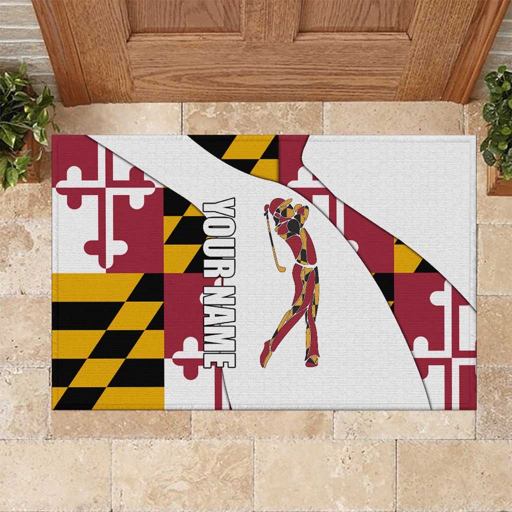 Golf Player Silhouette Rubber Doormat Maryland Flag Pattern and Custom Name Panel Design - Wonder Print Shop