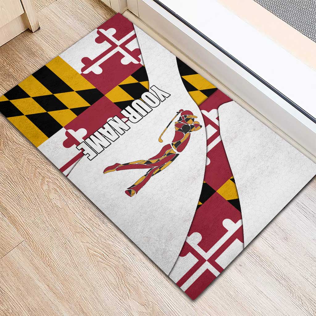 Golf Player Silhouette Rubber Doormat Maryland Flag Pattern and Custom Name Panel Design - Wonder Print Shop
