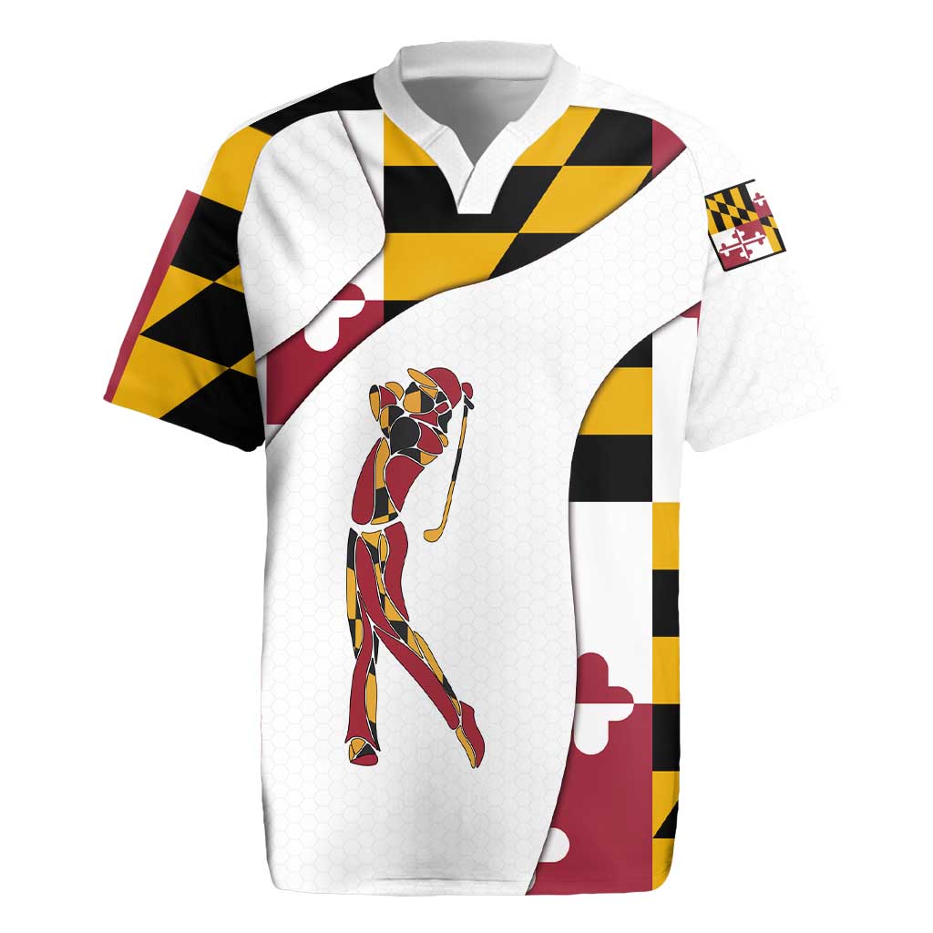 Golf Player Silhouette Rugby Jersey Maryland Flag Pattern and Custom Name Panel Design - Wonder Print Shop