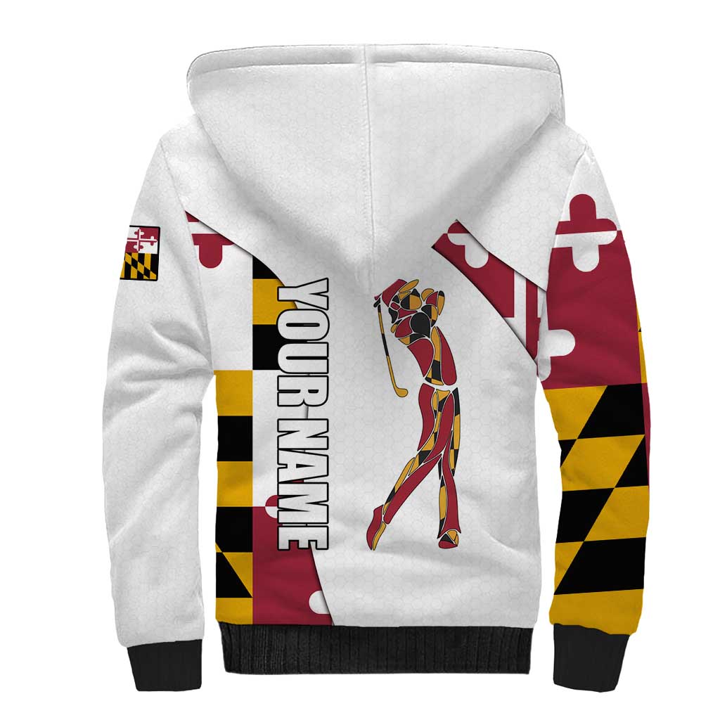 Golf Player Silhouette Sherpa Hoodie Maryland Flag Pattern and Custom Name Panel Design - Wonder Print Shop