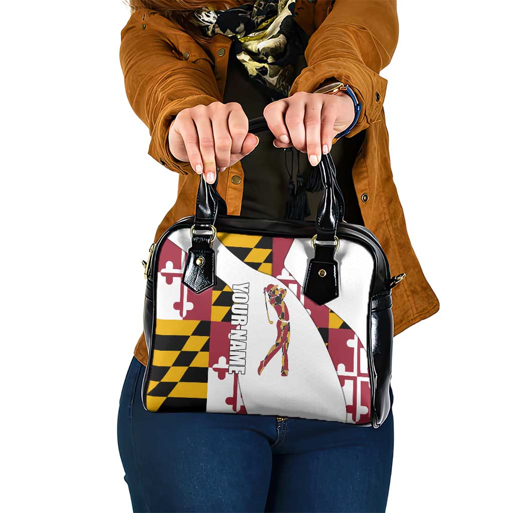 Golf Player Silhouette Shoulder Handbag Maryland Flag Pattern and Custom Name Panel Design - Wonder Print Shop