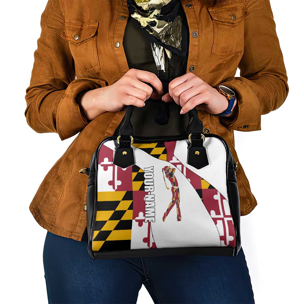 Golf Player Silhouette Shoulder Handbag Maryland Flag Pattern and Custom Name Panel Design - Wonder Print Shop