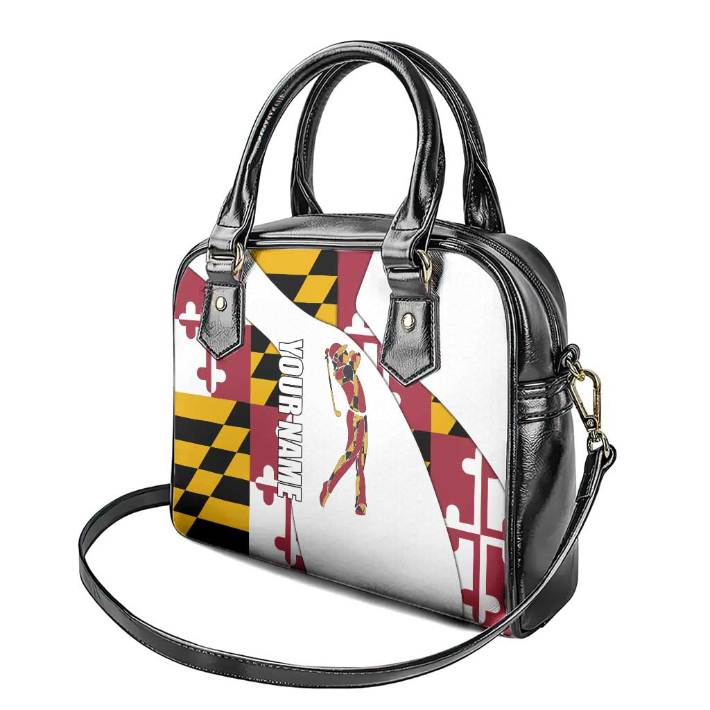 Golf Player Silhouette Shoulder Handbag Maryland Flag Pattern and Custom Name Panel Design - Wonder Print Shop