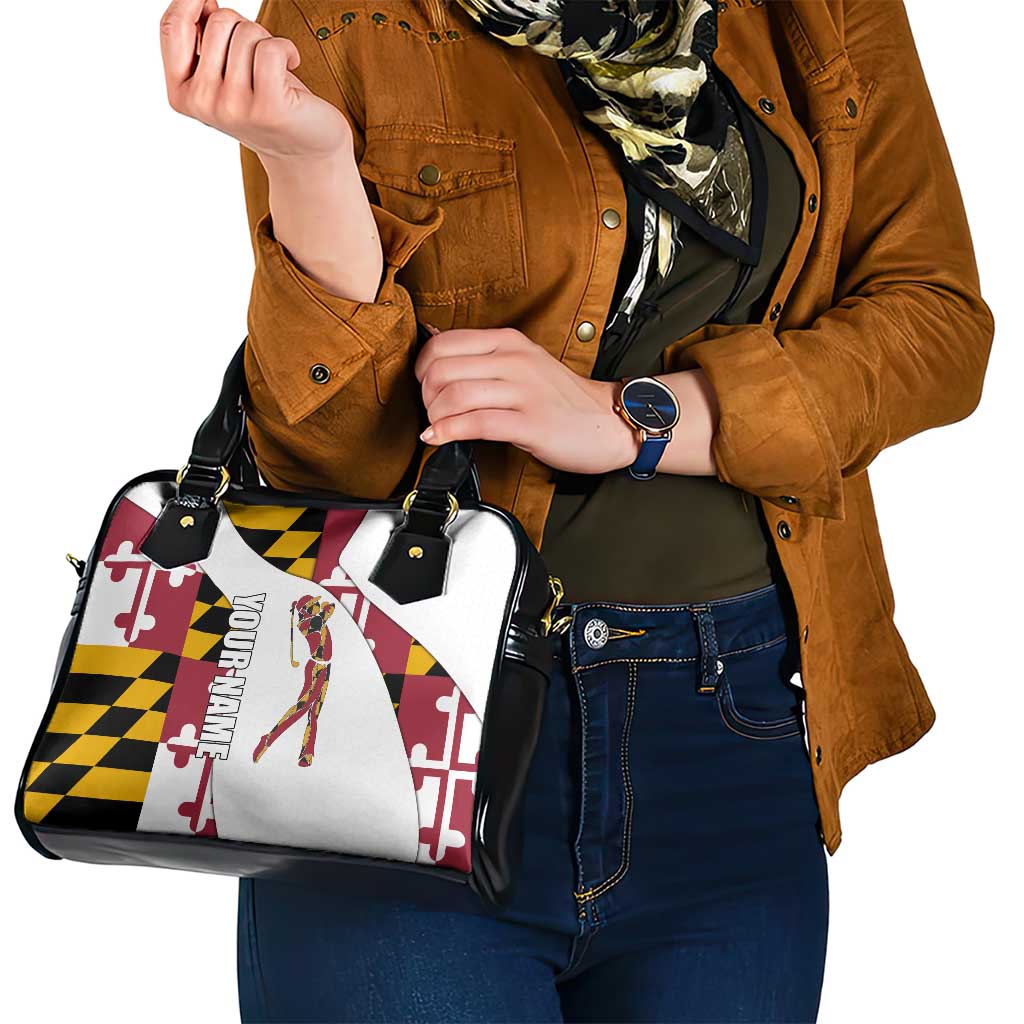 Golf Player Silhouette Shoulder Handbag Maryland Flag Pattern and Custom Name Panel Design - Wonder Print Shop