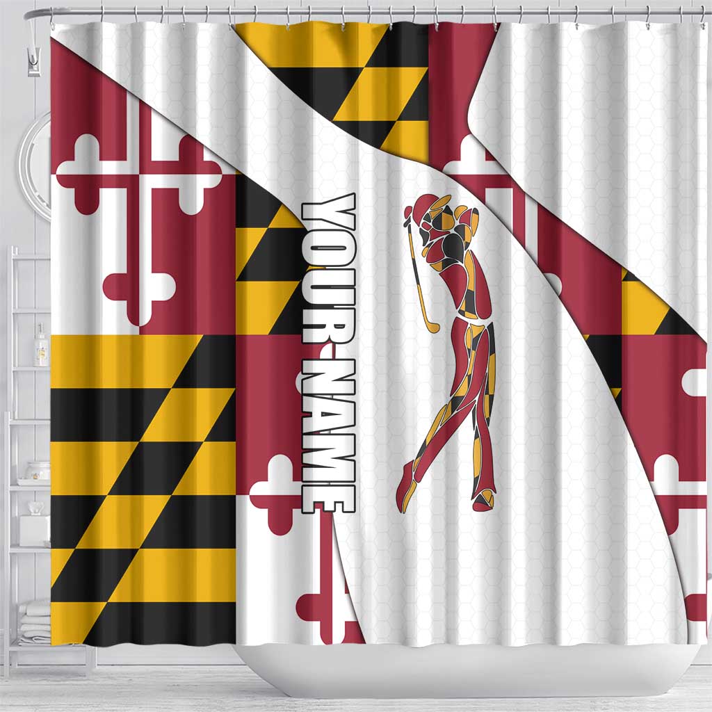 Golf Player Silhouette Shower Curtain Maryland Flag Pattern and Custom Name Panel Design - Wonder Print Shop