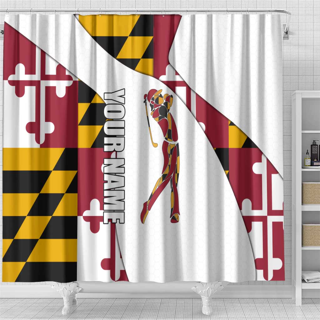 Golf Player Silhouette Shower Curtain Maryland Flag Pattern and Custom Name Panel Design - Wonder Print Shop