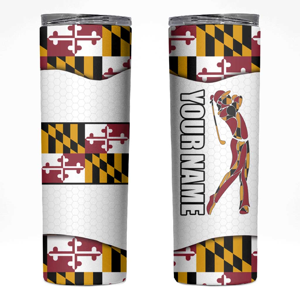 Golf Player Silhouette Skinny Tumbler Maryland Flag Pattern and Custom Name Panel Design - Wonder Print Shop
