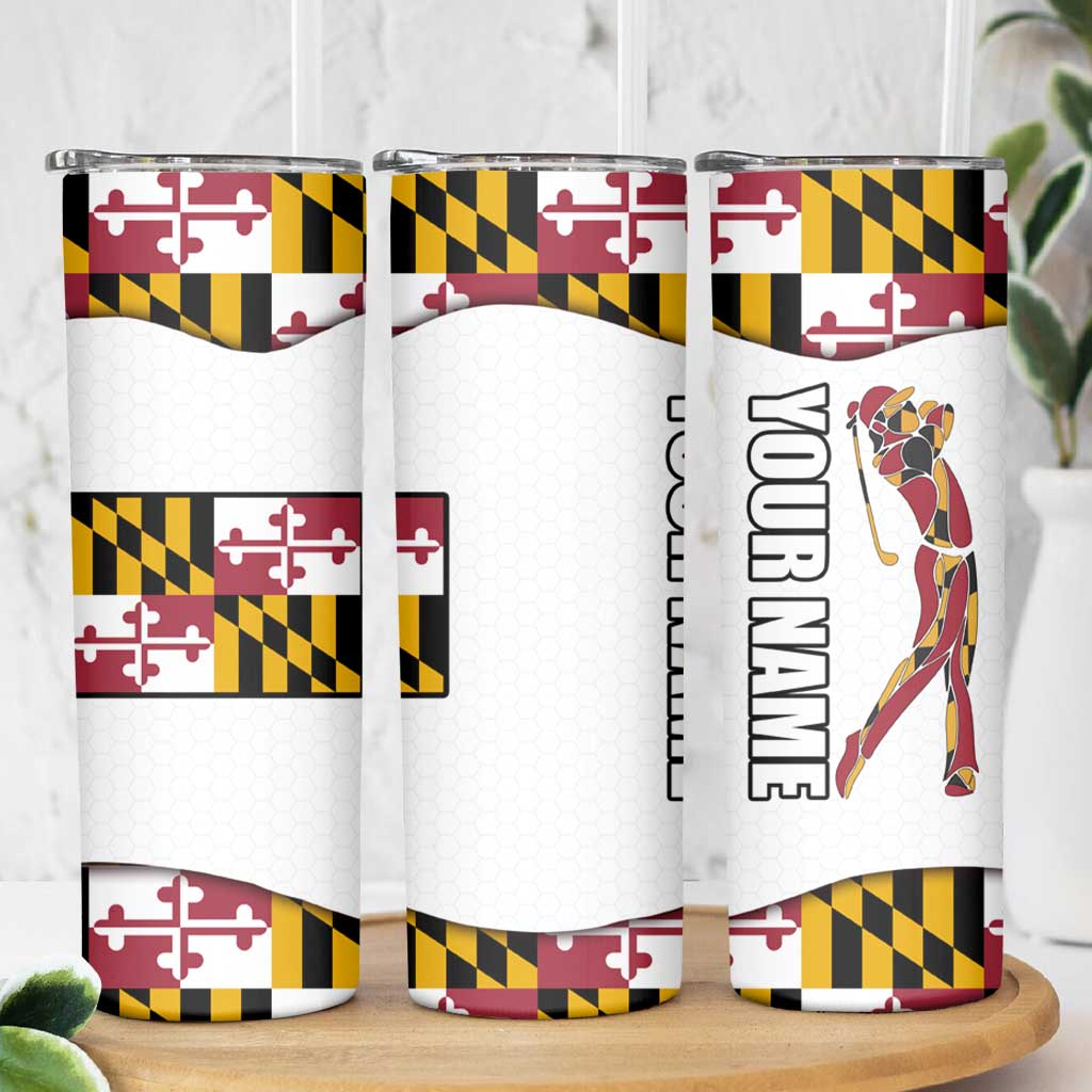 Golf Player Silhouette Skinny Tumbler Maryland Flag Pattern and Custom Name Panel Design - Wonder Print Shop