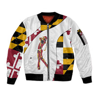 Golf Player Silhouette Sleeve Zip Bomber Jacket Maryland Flag Pattern and Custom Name Panel Design - Wonder Print Shop