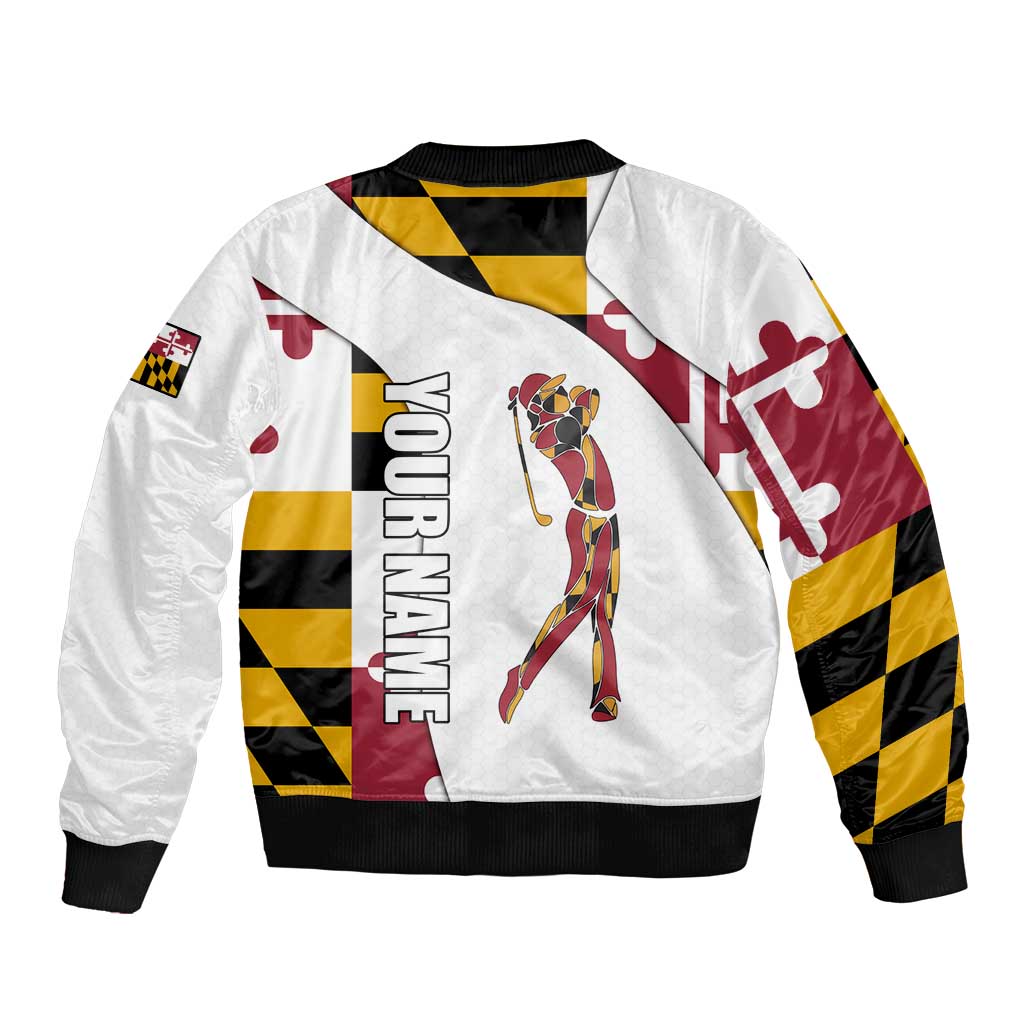 Golf Player Silhouette Sleeve Zip Bomber Jacket Maryland Flag Pattern and Custom Name Panel Design - Wonder Print Shop