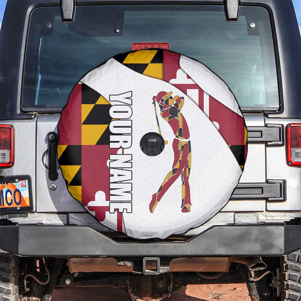 Golf Player Silhouette Spare Tire Cover Maryland Flag Pattern and Custom Name Panel Design - Wonder Print Shop