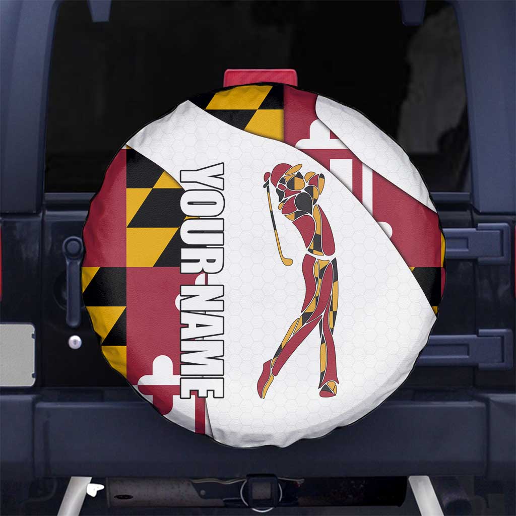 Golf Player Silhouette Spare Tire Cover Maryland Flag Pattern and Custom Name Panel Design - Wonder Print Shop