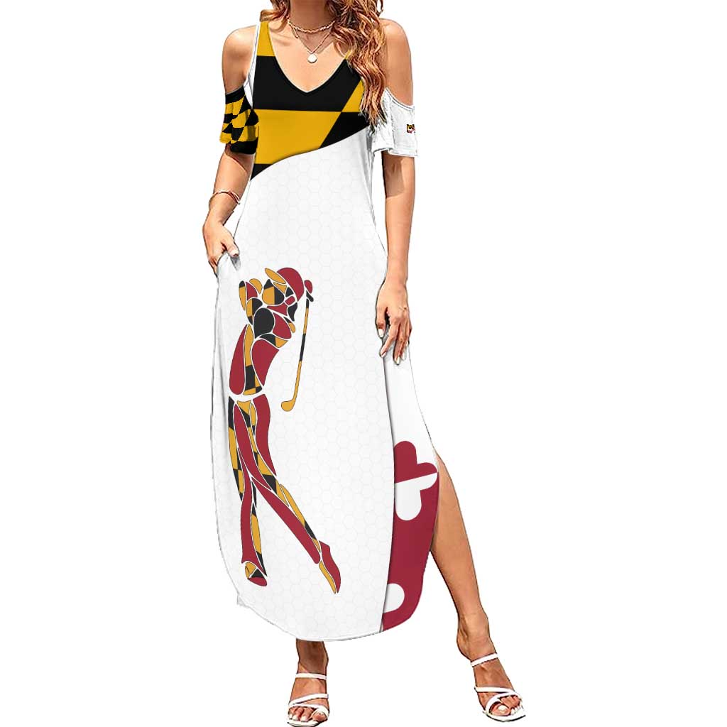 Golf Player Silhouette Summer Maxi Dress Maryland Flag Pattern and Custom Name Panel Design - Wonder Print Shop
