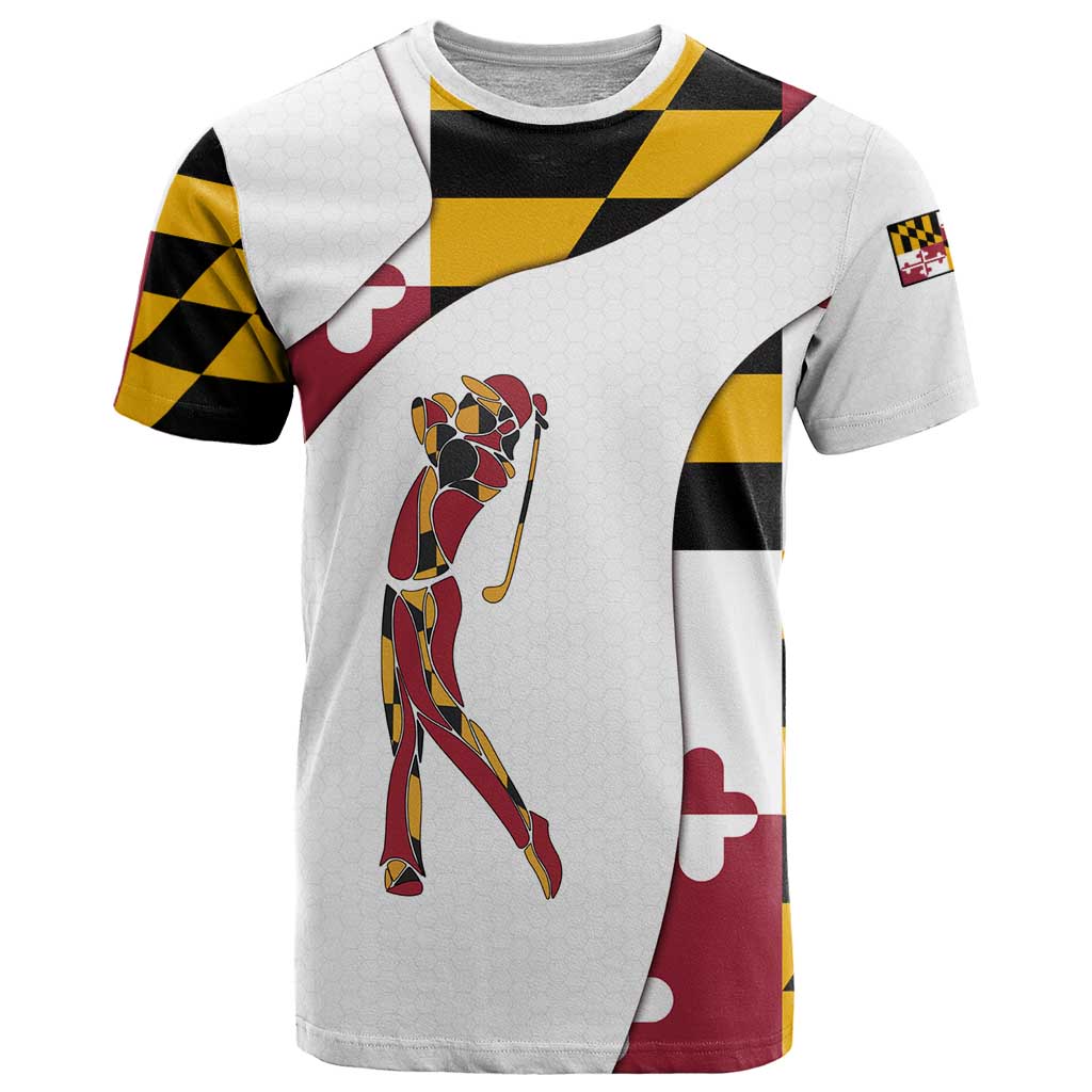 Golf Player Silhouette T Shirt Maryland Flag Pattern and Custom Name Panel Design - Wonder Print Shop