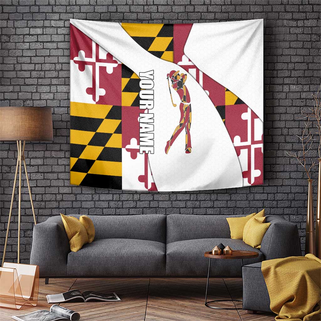 Golf Player Silhouette Tapestry Maryland Flag Pattern and Custom Name Panel Design - Wonder Print Shop