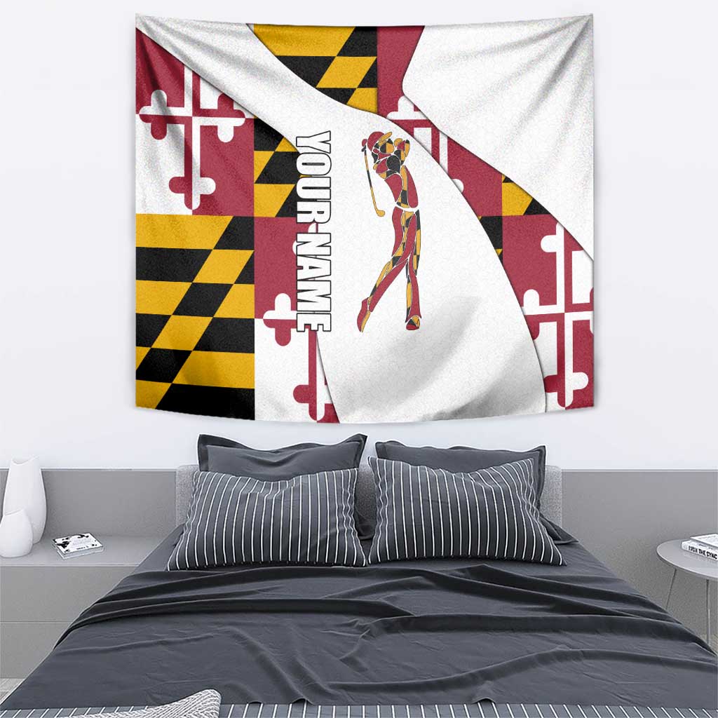 Golf Player Silhouette Tapestry Maryland Flag Pattern and Custom Name Panel Design - Wonder Print Shop