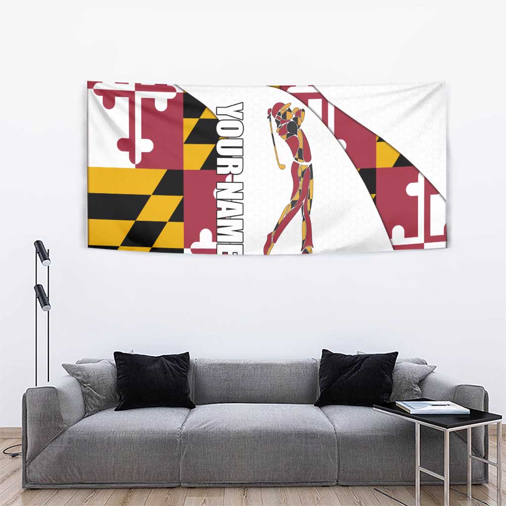 Golf Player Silhouette Tapestry Maryland Flag Pattern and Custom Name Panel Design - Wonder Print Shop