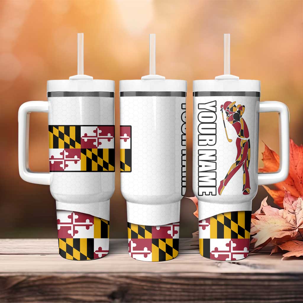 Golf Player Silhouette Tumbler With Handle Maryland Flag Pattern and Custom Name Panel Design - Wonder Print Shop