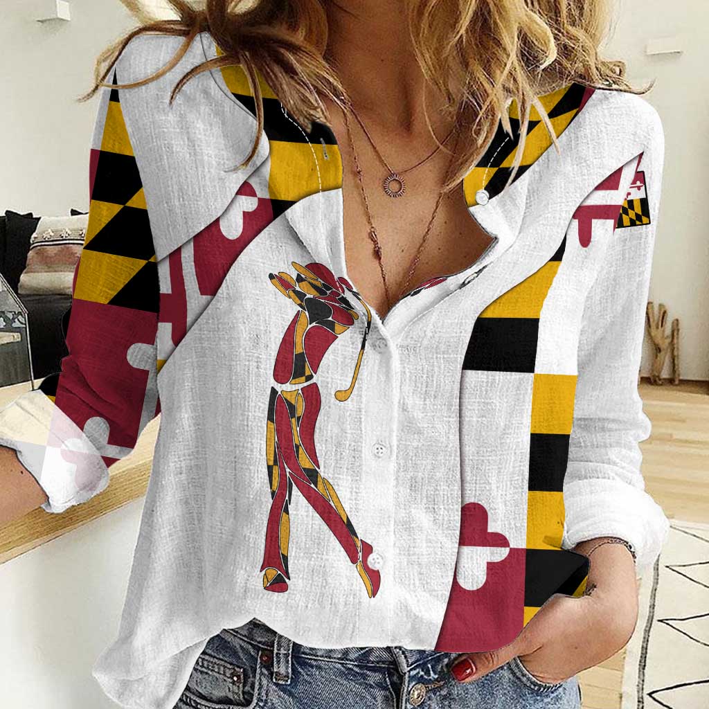 Golf Player Silhouette Women Casual Shirt Maryland Flag Pattern and Custom Name Panel Design - Wonder Print Shop