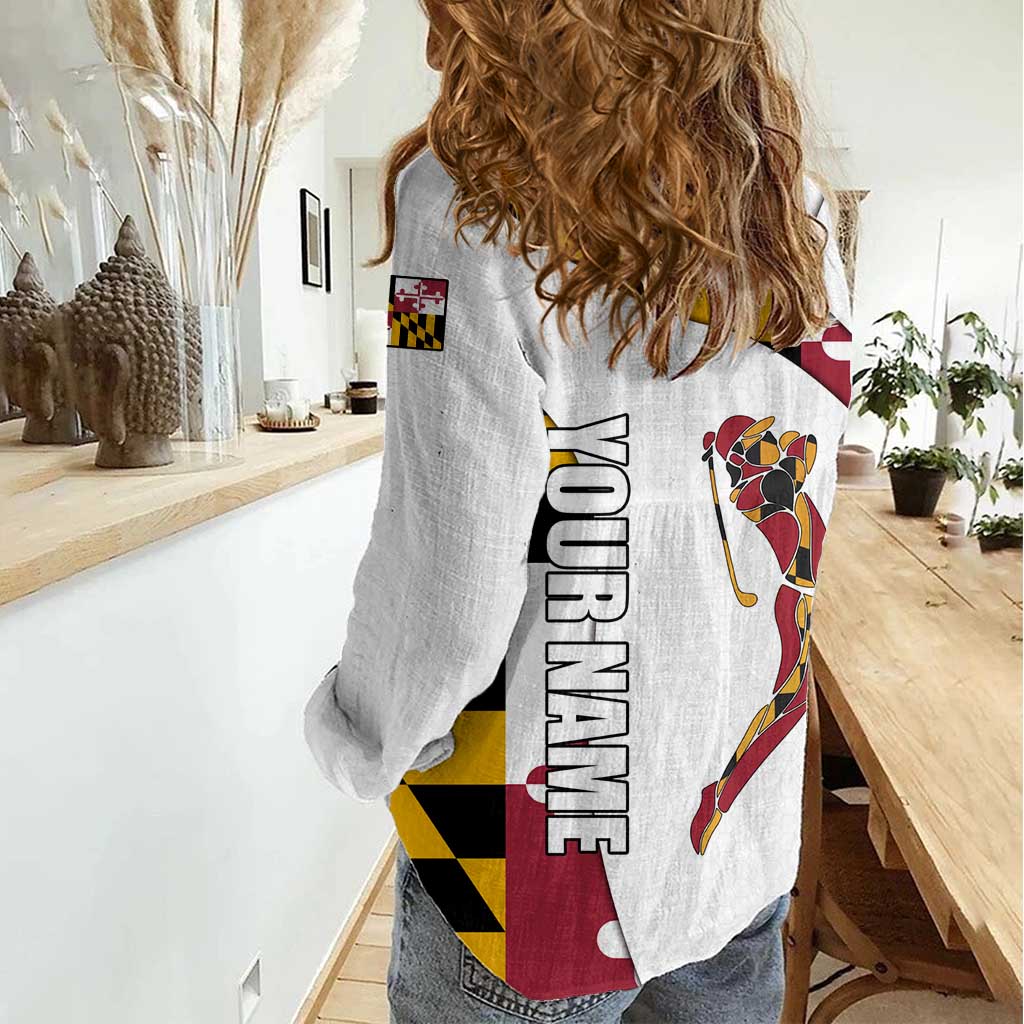 Golf Player Silhouette Women Casual Shirt Maryland Flag Pattern and Custom Name Panel Design - Wonder Print Shop