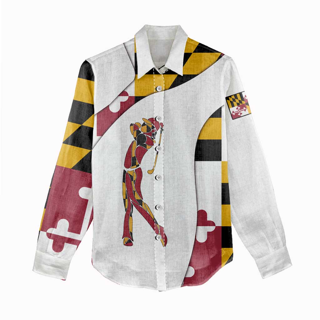 Golf Player Silhouette Women Casual Shirt Maryland Flag Pattern and Custom Name Panel Design - Wonder Print Shop